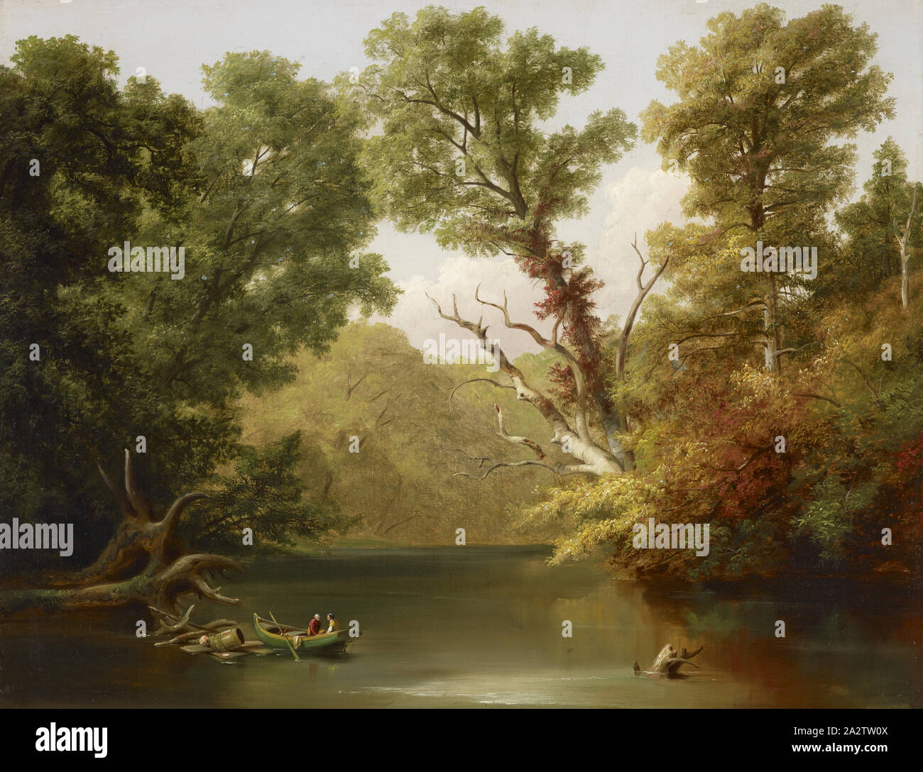 On the Pennypack, Russell Smith (American, 1812-1896), 1880, oil on canvas, 29-1/4 x 37-3/4 in. (canvas) 36-1/2 x 45 x 3-1/4 in. (framed), Signed and dated, l.c.l.: Russell Smith, 1880. Label, handwritten, verso, stretcher, u.c.: On the Pennypack, Russell Smith, To be called for Label, verso, stretcher, u.c.: Loaned to the Pennsylvania Academy of the Fine Arts, by Russell Smith, Register 1880 Inscribed, verso, stretcher, l.r.: Edgehill[?], Monty[?] Co. Pa., American Painting and Sculpture to 1945 Stock Photo