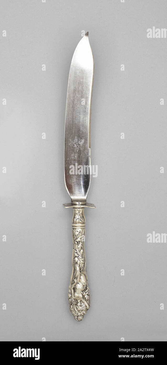 Love Disarmed pattern beef carving knife, Reed & Barton, Manufacturer (American), Charles A. Bennett, Designer (American, about 1869-1939), 1899, silver, 12-1/2 x 1-5/8 x 1-1/4 in., Marked, top edge of stem: STERLING Marked, bottom edge of stem: [eagle, R in a cartouche, lion rampant facing left], Decorative Arts Stock Photo