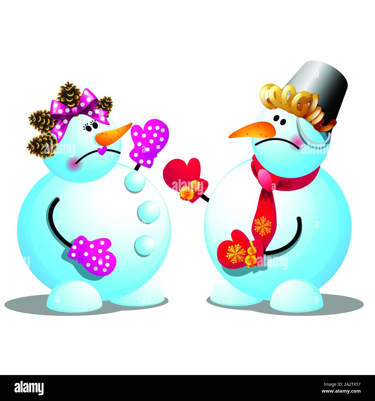 Two snowmen argue and swear isolated on white background. Sample of poster, party holiday invitation, festive banner, card. Vector cartoon close-up Stock Vector