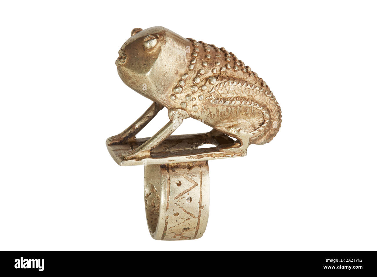 ring with frog, Akan people, gold alloy, 2-1/4 in., African Art Stock Photo