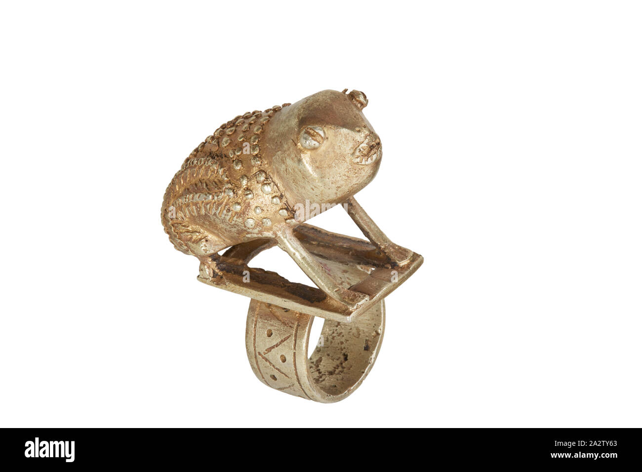 ring with frog, Akan people, gold alloy, 2-1/4 in., African Art Stock Photo