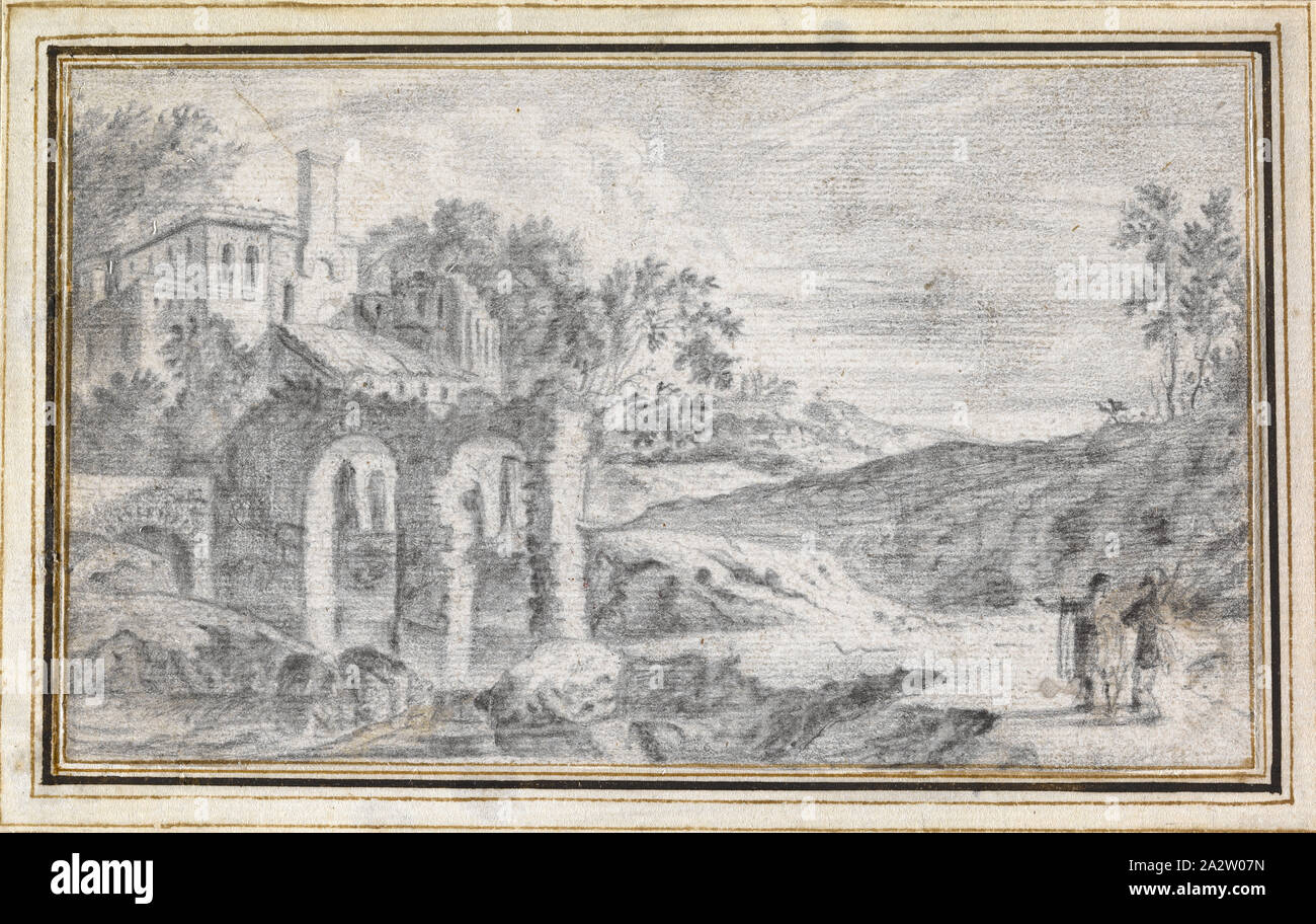 Italianate Landscape with Ruins, about 1700, black chalk on off-white paper, 3-7/8 x 6-3/8 in. (sheet Stock Photo