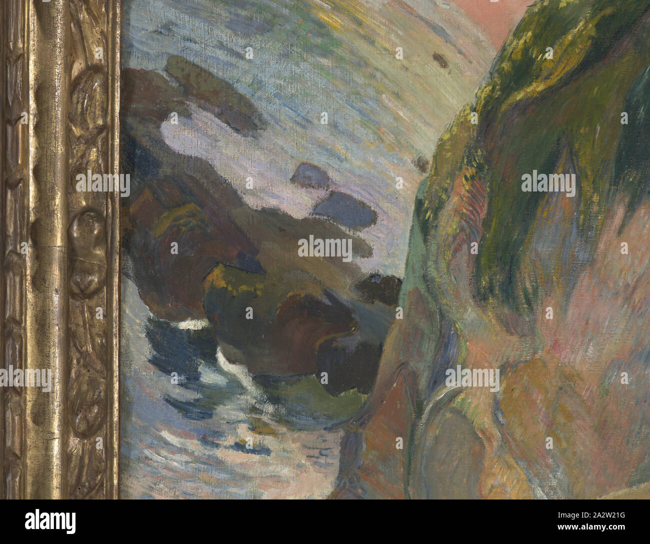 Above the Sea, Paul Gauguin (French, 1848-1903), 1889, oil on canvas, 29 x 36-5/8 in. (canvas) 36-7/8 x 44-5/16 x 2-1/2 in. (framed, glazed), Signed and dated, lower right: P. Gauguin 89 Frame label, verso, ink on adhesive paper, left near lower corner: Z14534 Josefo CUT DOWN SPANISH 0.00FT £320, SUBJECT ARTIST GAILGIN, COMMENTS PEND JD ORDER/, DUE BACK 30-10-92 Backing board label, verso, ink on adhesive paper, upper left: VAN GOGH AND GAUGUIN: THE STUDIO OF THE SOUTH, Cat: 96 Crate: 61 {handwritten], Paul Gauguin, FLAGEOLET (FLUTE?) PLAYER ON THE CLIFF, 1889, Oil on canvas, 73 x 92 x cm., ( Stock Photo