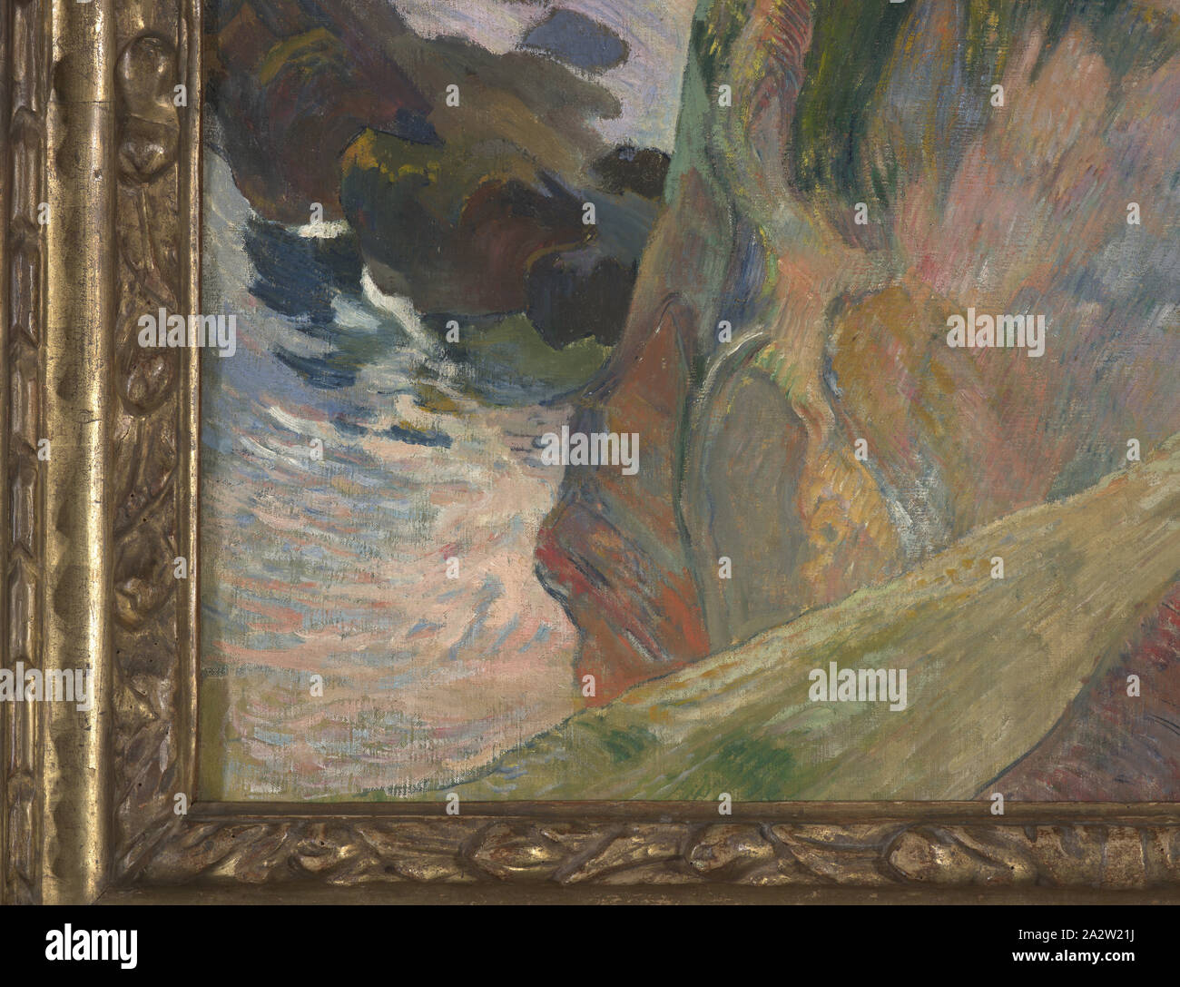 Above the Sea, Paul Gauguin (French, 1848-1903), 1889, oil on canvas, 29 x 36-5/8 in. (canvas) 36-7/8 x 44-5/16 x 2-1/2 in. (framed, glazed), Signed and dated, lower right: P. Gauguin 89 Frame label, verso, ink on adhesive paper, left near lower corner: Z14534 Josefo CUT DOWN SPANISH 0.00FT £320, SUBJECT ARTIST GAILGIN, COMMENTS PEND JD ORDER/, DUE BACK 30-10-92 Backing board label, verso, ink on adhesive paper, upper left: VAN GOGH AND GAUGUIN: THE STUDIO OF THE SOUTH, Cat: 96 Crate: 61 {handwritten], Paul Gauguin, FLAGEOLET (FLUTE?) PLAYER ON THE CLIFF, 1889, Oil on canvas, 73 x 92 x cm., ( Stock Photo