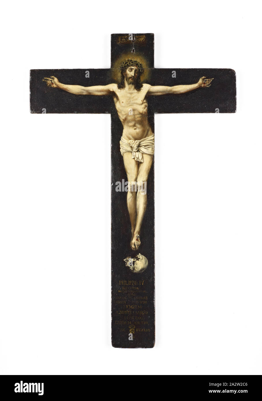 Crucifix, Juan Carreño de Miranda (Spanish, 1614-1685), 1658, oil on panel, 19 x 12-1/2 in., Inscribed at the bottom of the cross: PHILIPPO. IV., DEI, GRATIA., HISPANORUM. GENTIUM., REGE., CULTO. ET. AMOREI, CHRISTI CRUCIFIXI, EFIGIEM, A. JOANNE CARREÑO, DEPICTAM, EJUSDEM. AUCTOR, ANO MDCLVIII, L.D., European Painting and Sculpture Before 1800 Stock Photo