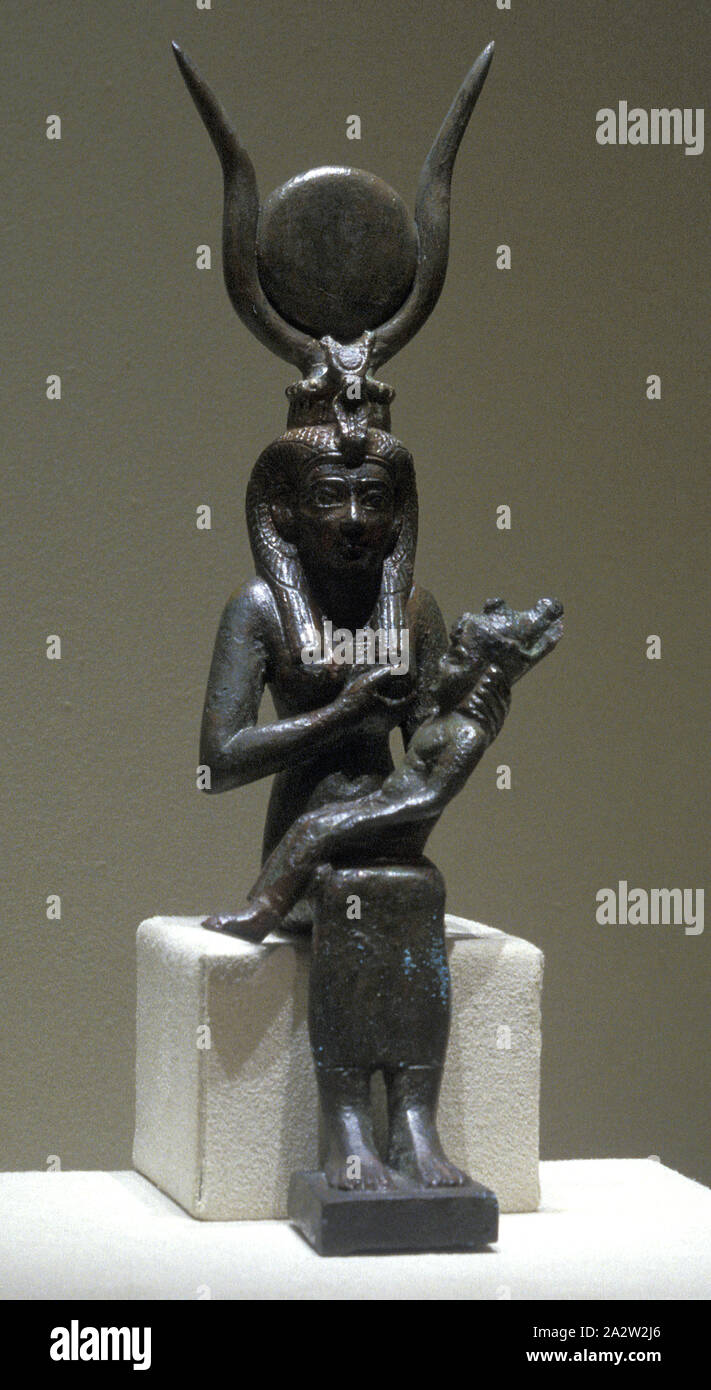 divine mother Isis and her son Horus, 64-332 B.C.E., bronze, silver, H: 5-1/2 in. Base H: 1-1/2 in., Ancient Art of the Mediterranean Stock Photo