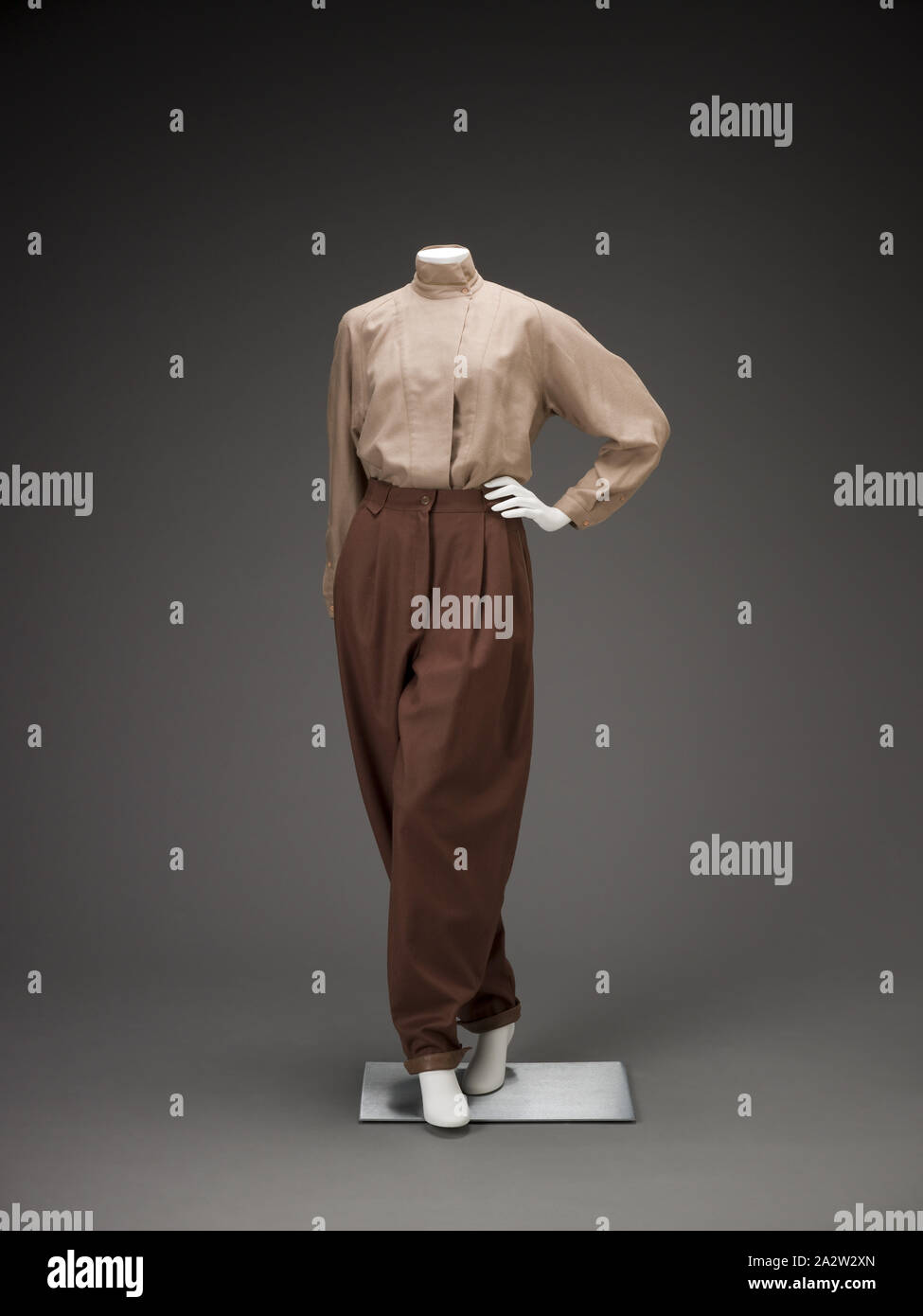 day ensemble, Complice, Design House (Italian), 1980s, jacket: wool with  acetate lining blouse: wool, cottons pants: wool with leather trim, A)  jacket: L: 22-3/8 in. (back neck to hem) B) blouse: L: