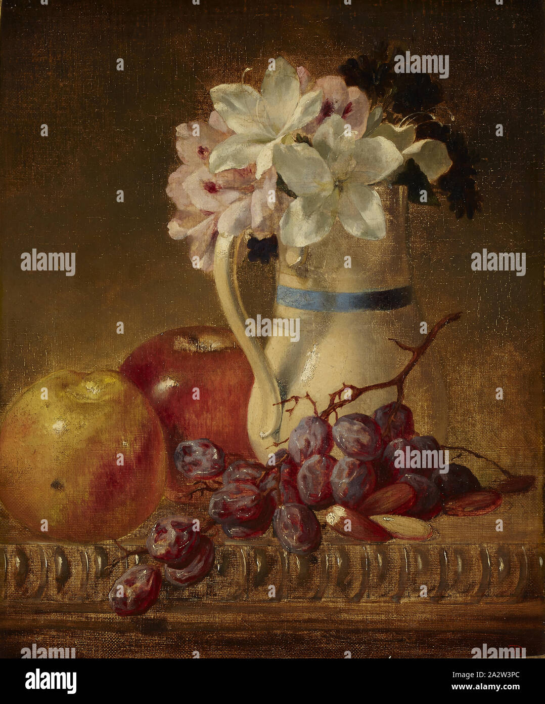 Still Life, Formerly attributed to Robert Spear Dunning (American, 1829-1905), 1862, oil on canvas, 12-1/8 x 10 in. (canvas) 15-3/8 x 13-3/8 x 1-3/4 in. (framed), Signed with monogram and dated in red paint, lower right: RED 1862, American Painting and Sculpture to 1945 Stock Photo