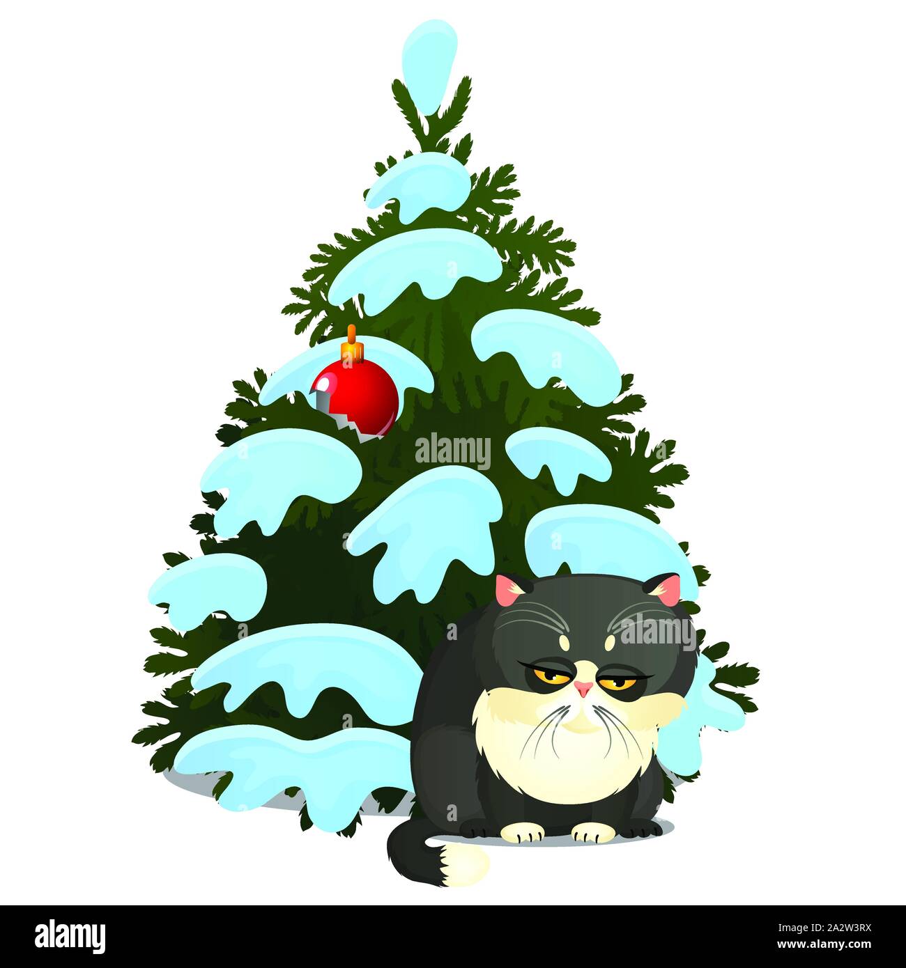 Sad guilty gray cat and broken toy on the Christmas tree isolated on a white background. Sketch of festive poster, party invitation, other holiday Stock Vector