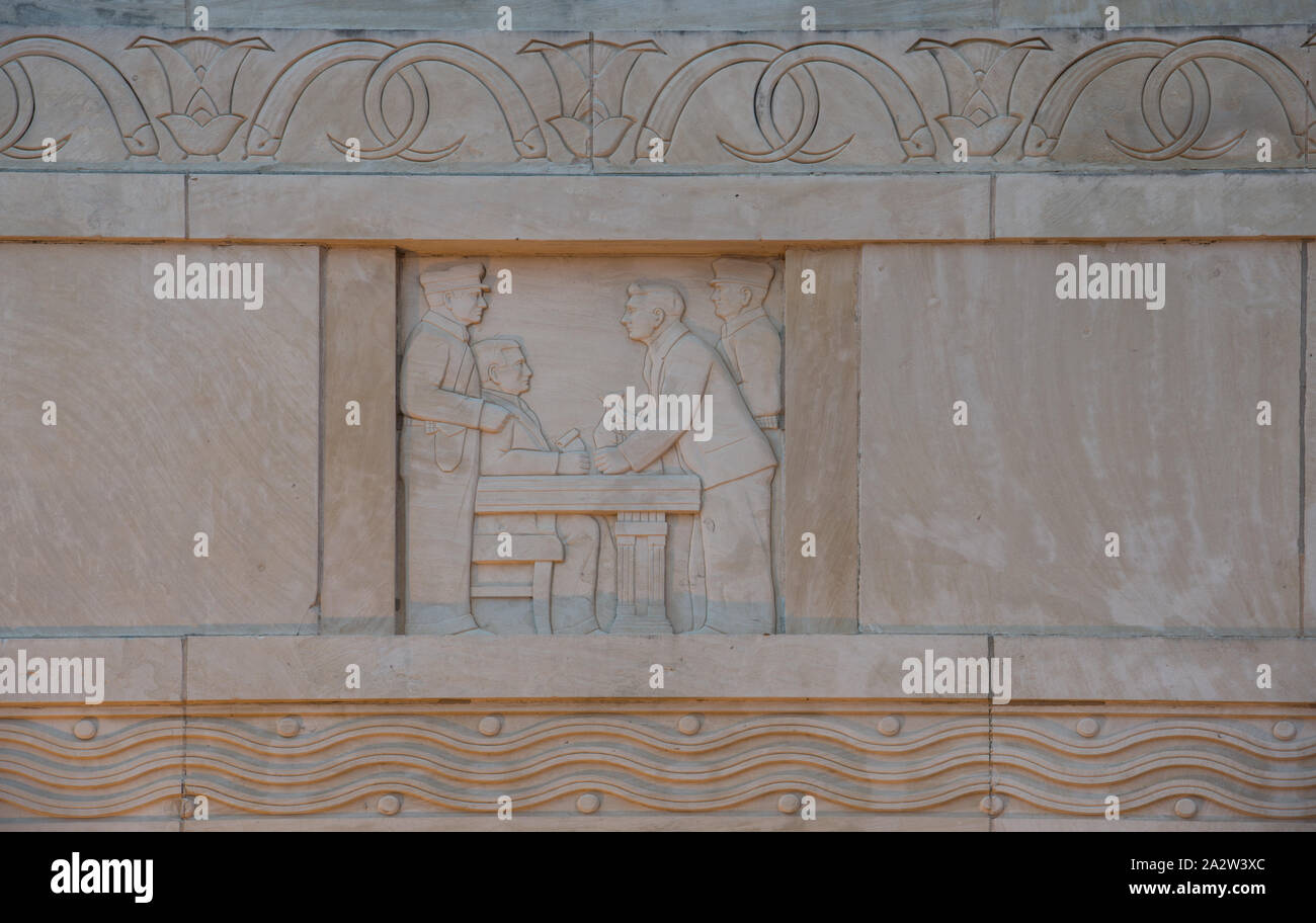 Relief, carved by Herring Coe, on the facade of the 1937 First National