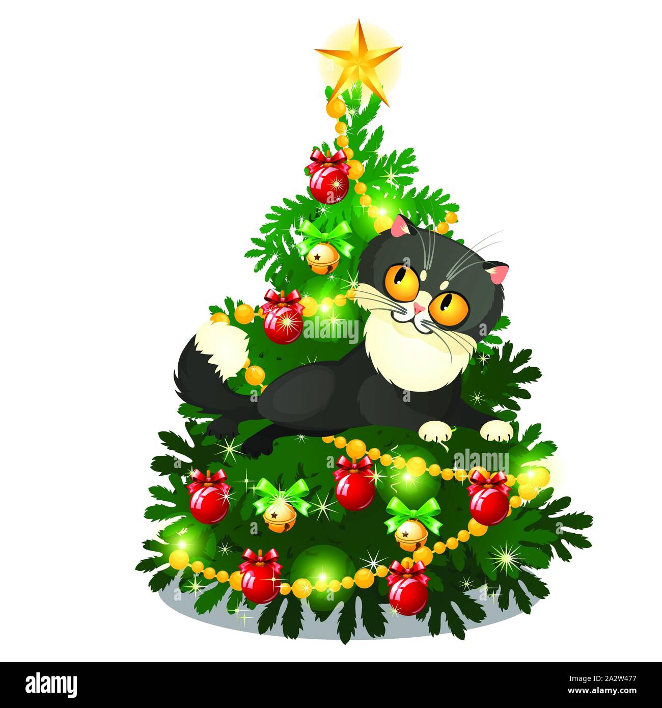 Funny animated cat with yellow eyes jumping in front of Christmas tree isolated on white background. Sketch of festive poster, party invitation Stock Vector