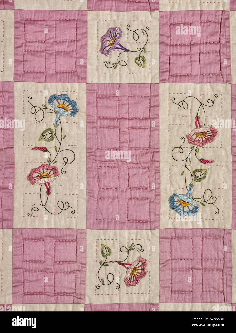 quilt, Christine Miller Bauer (American, born German, about 1865-1946), Mabel Bauer (American, about 1892-1953), about 1930, cotton, pieced, embroidered, and quilted, 84-1/2 x 70-1/2 in., Textile and Fashion Arts Stock Photo