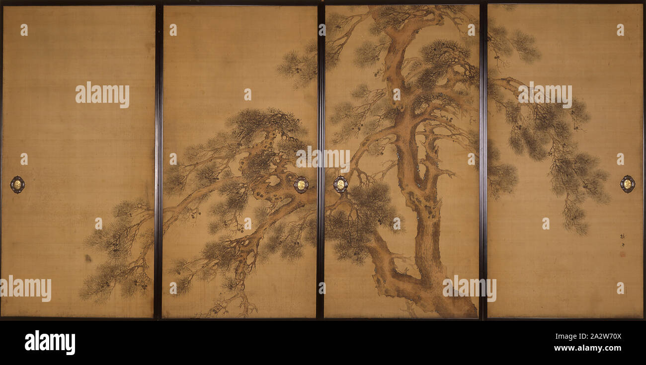 Pine Tree, Yamamoto Baiitsu 山本梅逸 (Japanese, 1783-1856), Edo, ink and color on silk (fusuma), 70 x 35-1/2 in. (each panel), Asian Art Stock Photo