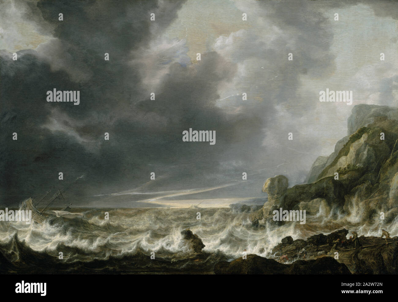 Ship in Distress off a Rocky Coast, Simon de Vlieger (Dutch, 1601-1653), about 1645, oil on panel, 21-3/4 x 31-1/4 in., European Painting and Sculpture Before 1800 Stock Photo