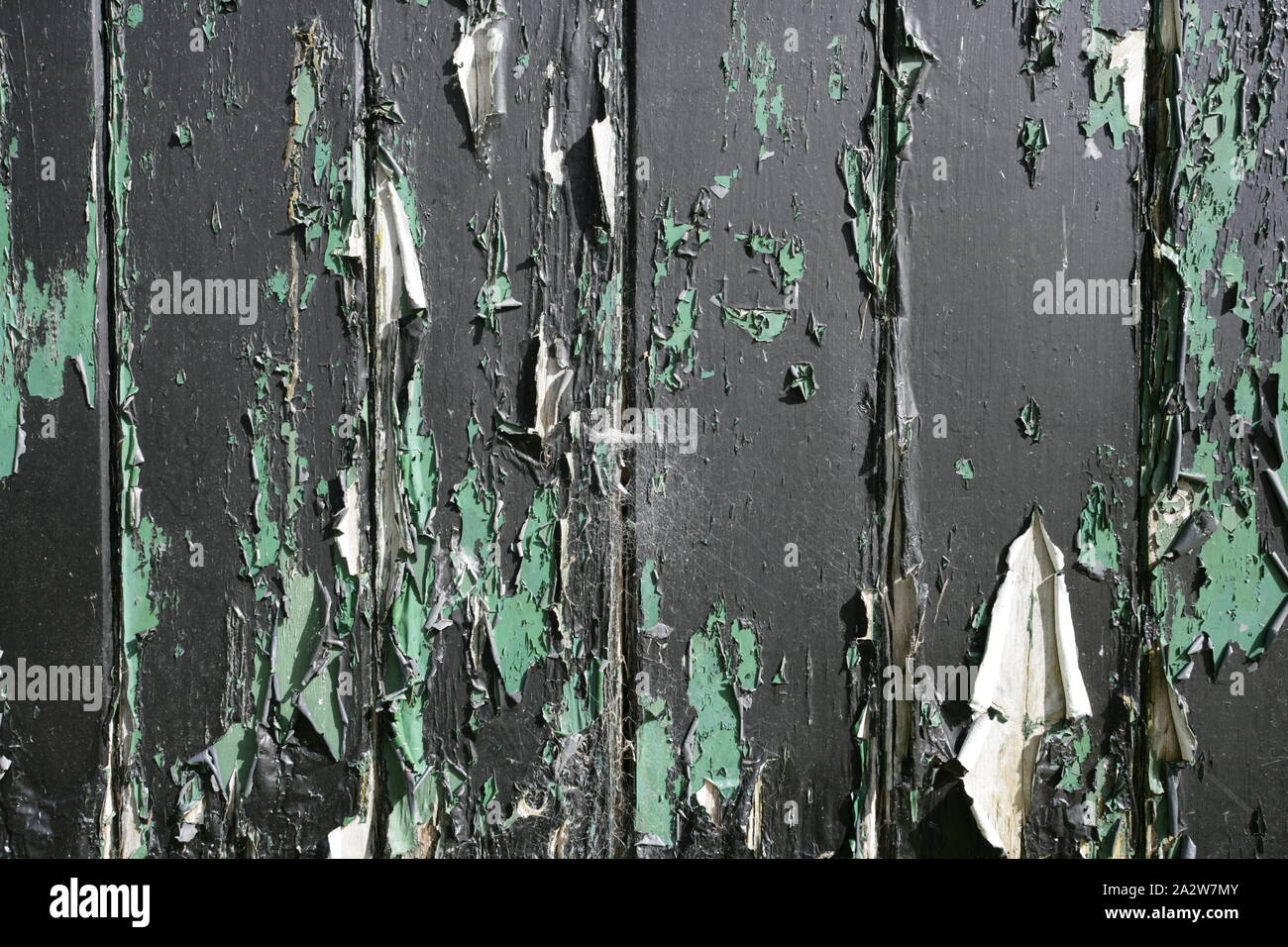 Weather worn exterior wooden door with peeling paint Stock Photo