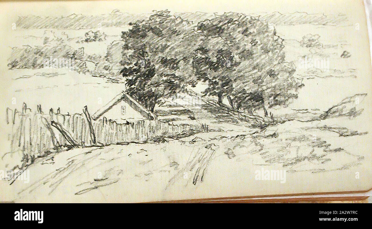 Trees, House and Fence, John Ottis Adams (American, 1851-1927), about 1894, pencil on off-white paper, series, Indiana Sketchbook Stock Photo