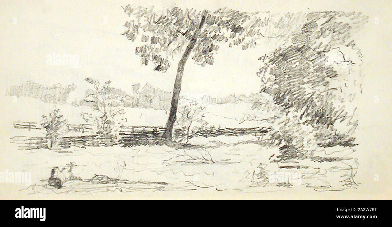 Landscape with Stream (recto), Landscape with Split-rail Fence (verso), John Ottis Adams (American, 1851-1927), about 1894, pencil on off-white paper, series, Indiana Sketchbook Stock Photo