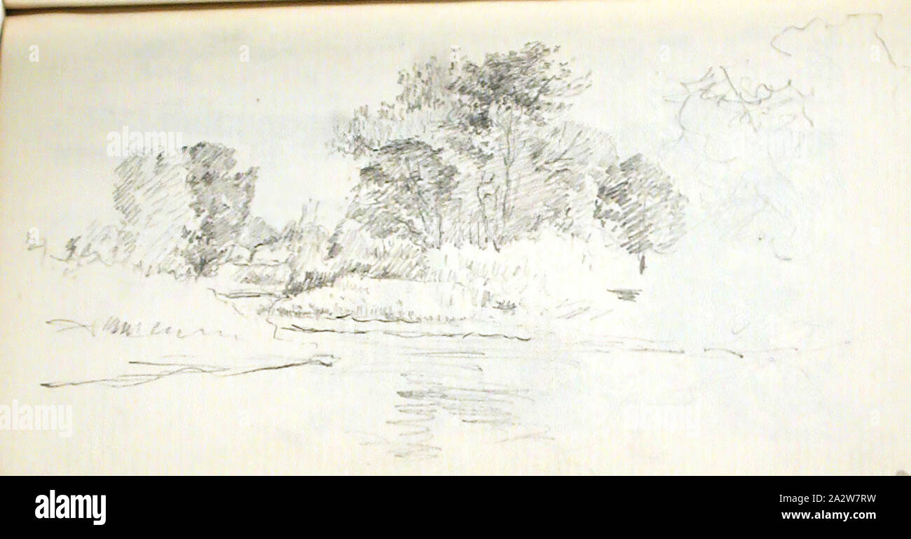 Landscape with Stream (recto), Landscape with Split-rail Fence (verso), John Ottis Adams (American, 1851-1927), about 1894, pencil on off-white paper, series, Indiana Sketchbook Stock Photo