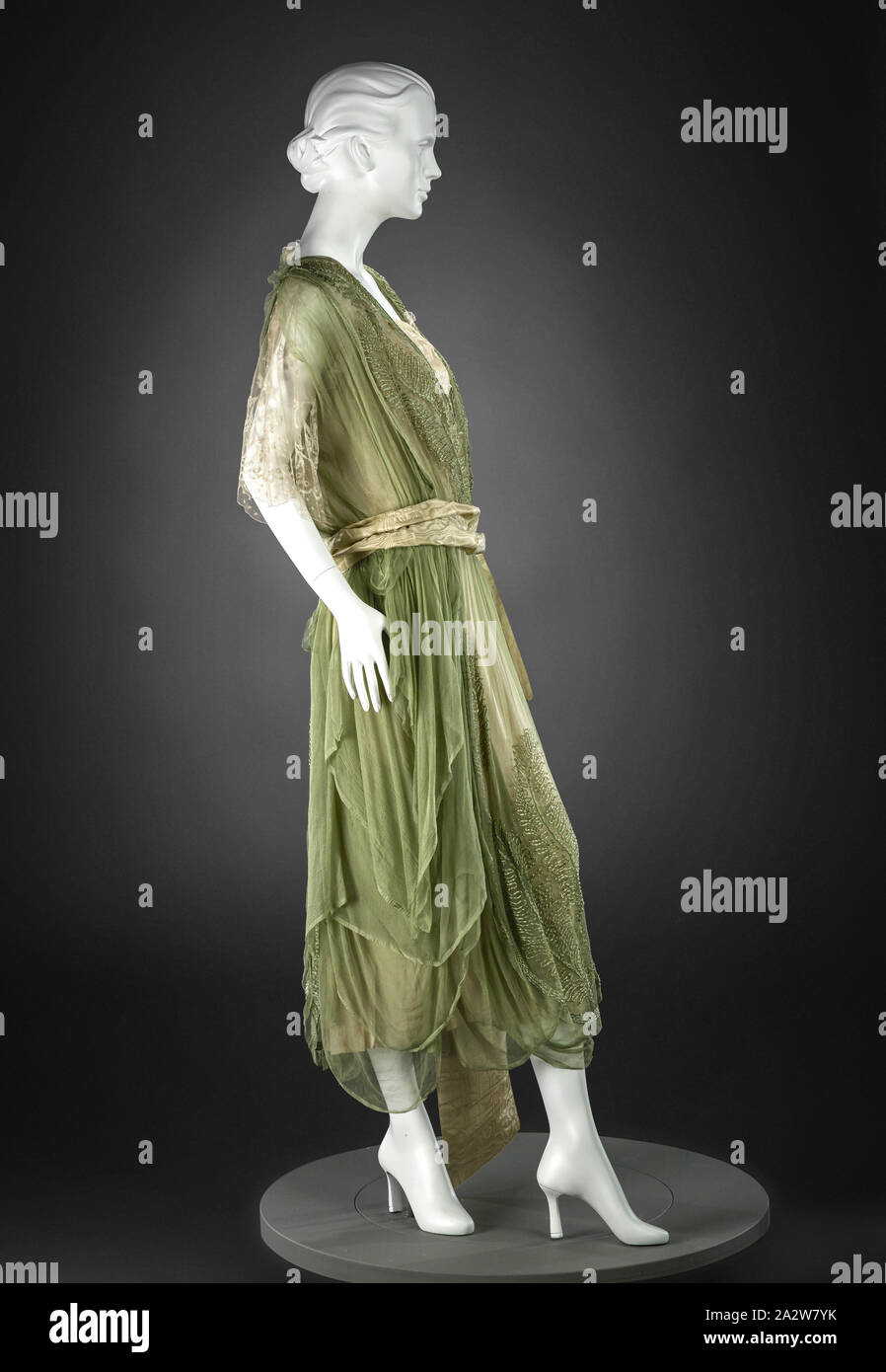 dress George Philip Meier Designer American 1864 1932 early 1920s chiffon crepe back satin lace moire center back 48 in. center front 44 in. bust 34 in. waist 36 in. sleeve length 18 in