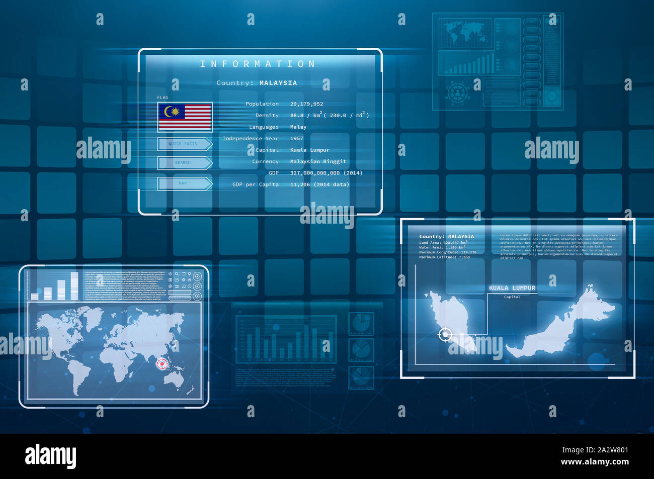 Hologram Screen Displaying Facts about Malaysia. Holographic Displays showing information and researching  about Malaysia. Stock Photo