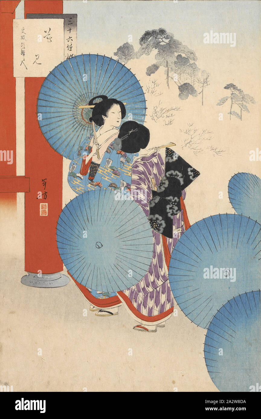 Flower-viewing, Ladies of the Bunsei era, Mizuno Toshikata (Japanese, 1866-1908), Meiji, 1893, 10th month, color woodblock print, 12-7/8 x 8-1/2 in. (image) 13-7/8 x 9-1/4 in. (sheet), Artist's seal: Ōsai Signed by artist: Toshikata, series, Thirty-six Selected Beauties, Asian Art Stock Photo