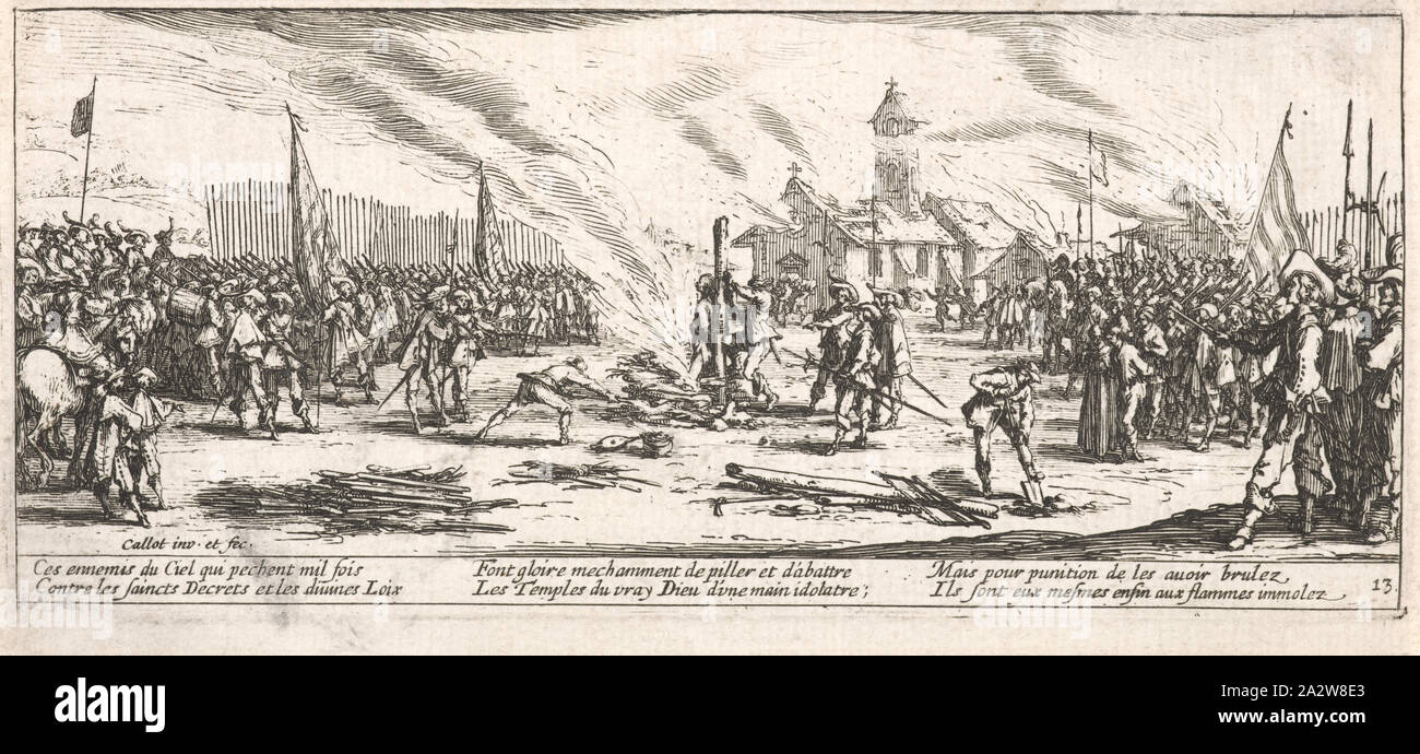 Le Bucher (Burning at the Stake), Jacques Callot (French, 1592-1635), 1633, etching on off-white laid paper, 3-1/4 x 7-3/8 in. (image) 3-5/8 x 7-5/8 in. (sheet), series, Les Grandes misères de la guerre (The Large Miseries of War Stock Photo