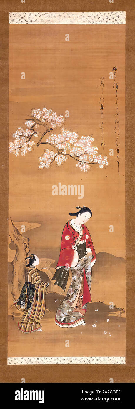 Lady and Attendant under Cherry Tree, Ryujo Yamazaki (Japanese), Edo, 1700-1730, ink and color on silk, 31 x 11 in. (image) 62 x 15-1/4 in. (overall), Signed: Joryu hitsu Seal: illegible Seal: illegible Inscribed: Poem by Akazome Emon (l. 10- e. 11c), Asian Art Stock Photo