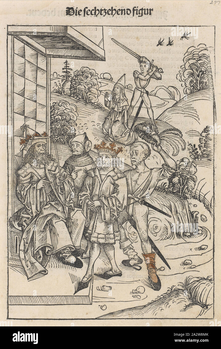 The Bloodthirsty King, Michael Wohlgemuth (German, 1434-1519), 1491, woodblock print with touches of watercolor on off-white laid paper, 11-1/2 x 8-1/4 in. (sheet), series, Schatzbehalter Stock Photo