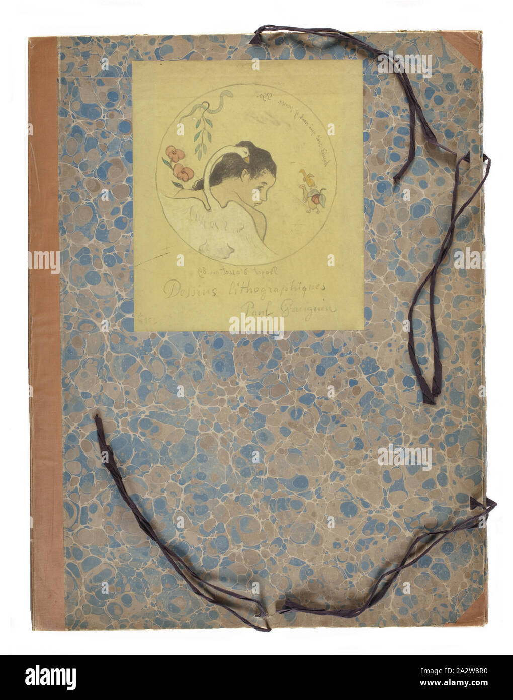 Design for a Plate - Leda, Paul Gauguin (French, 1848-1903), Edward Ancourt, Printer (French), 1889, Zincograph with watercolor and gouache on canary yellow wove paper, mounted on cardboard folder, 26-3/8 x 20 x 1/2 in. (portfolio) 11-15/16 x 10-3/16 in. (image), Inscribed and signed in black ink below image: Dessins lithographiques/Paul Gauguin, Inscribed and signed on the plate, in reverse, UR: homis [sic] soit qui mal y pense PGo., Inscribed and dated on the plate outside the circle, in reverse, LC: Projet d'asiet [sic] en 89, series, Dessins lithographiques (The Volpini Suite Stock Photo