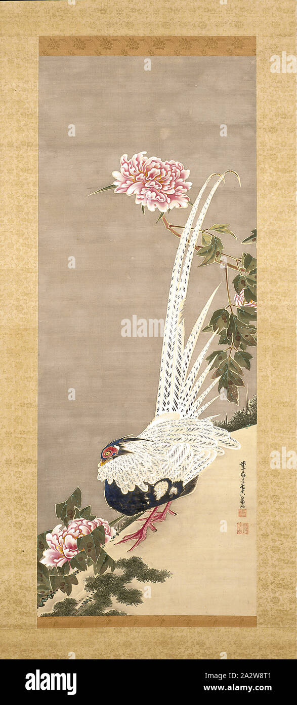 Silver Pheasant and Peonies, Itō Jakuchū (Japanese, 1716-1800), Edo, 1793, ink and color on silk, 40-1/4 x 15-3/4 in. (image) 78-1/2 x 23-5/8 in. (installed), Signed: Beito-o gyonen nanjuhachi sai ga [Painted by Old Man Beito, age seventy-eight years], Square intaglio seal: To jokin in, Square relief seal: Jakuchu koji, Asian Art Stock Photo