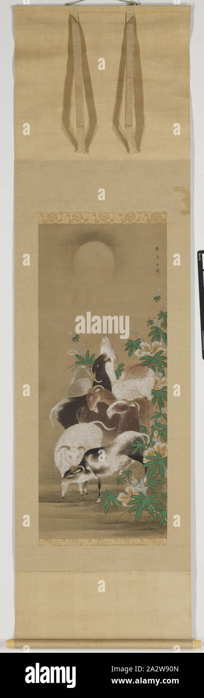 Goats and Moon, Kanō Tōun 狩野洞雲 (Japanese, 1625-1694), Edo, 1625-1694, ink and color on silk, 32-3/4 x 13-3/8 in. (image) 68 x 20-1/4 x 1 in. (installed), Signed: Ken __un zu, Seal: Masuyoshi [possibly], Asian Art Stock Photo