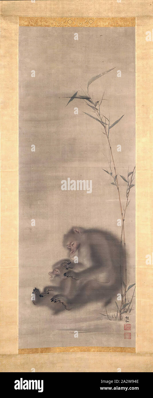 Monkey Grooming Offspring near Bamboo, Mori Sosen (Japanese, 1747-1821), Edo, prior to 1807, ink on silk, 41 x 15-1/8 in. (image) 74-1/2 x 22-3/8 in. (installed), Signed: Sosen Circular relief seal: [Sosen no in] Square relief seal: [Reimyo], Asian Art Stock Photo