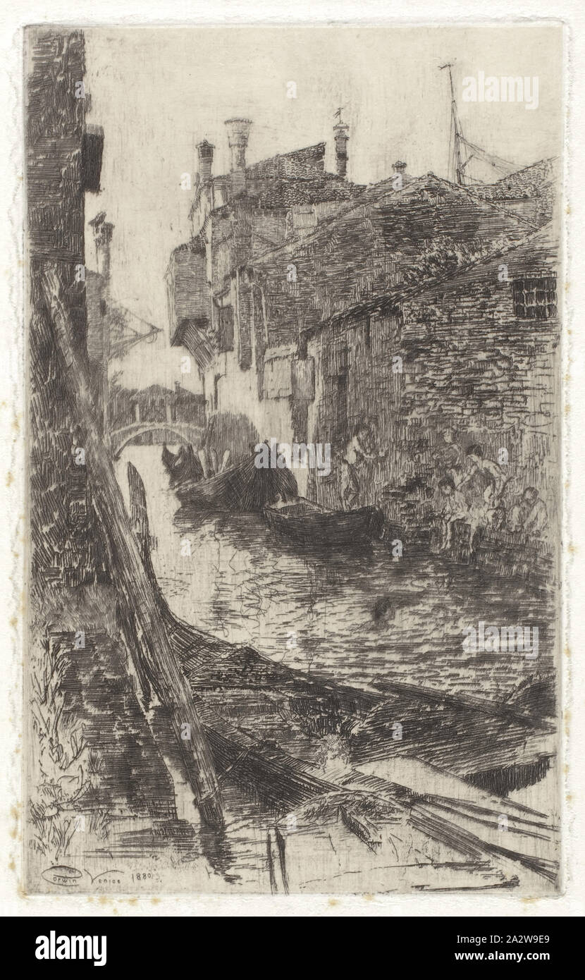 A Venetian Canal, Charles Abel Corwin (American, 1857-1938), 1880, ink on paper, 8-1/8 x 5 in. (image) 13-7/8 x 10-3/4 in. (sheet), signed and inscribed in plate, L.L.: Corwin Venice 1880 Stock Photo