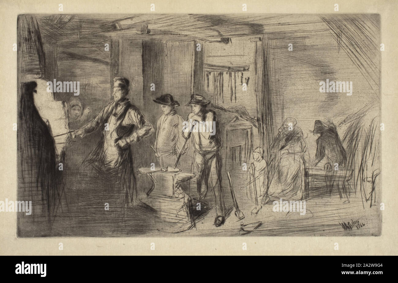 The Forge, James Abbott McNeill Whistler (American, 1834-1903), 1866, ink on paper, drypoint, 7-3/4 x 12-1/2 in. (image) 9 x 13-3/4 in. (sheet), signed and dated, L.R.: Whistler 1866, series, Sixteen Etchings on the Thames Stock Photo