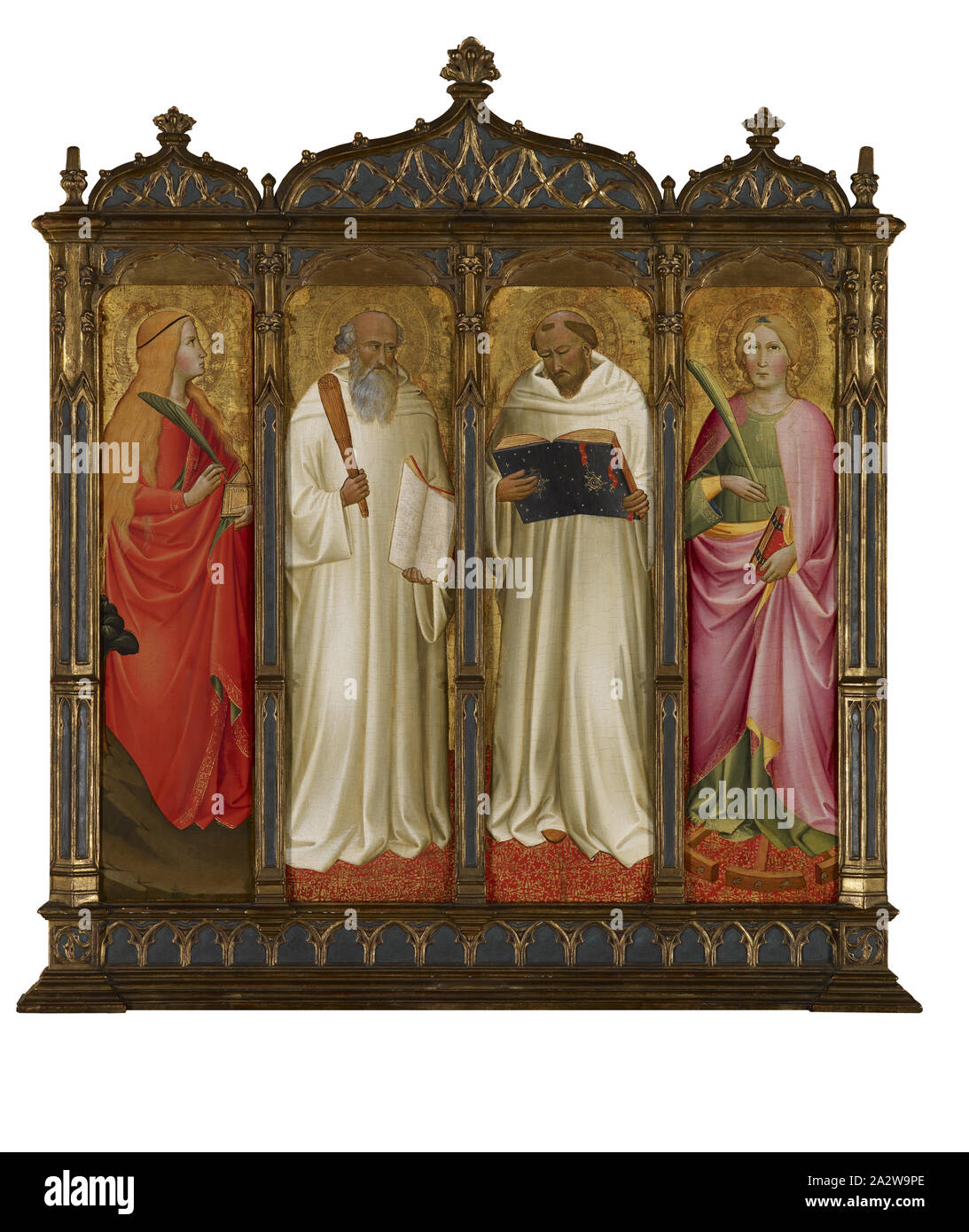 St. Mary Magdalene, St. Benedict, St. Bernard of Clairveaux and St. Catherine of Alexandria, Agnolo Gaddi (Italian, 1340-1396), about 1380-1390, tempera and gold leaf on wood, 28 x 8 in. (each) approximately 40 x 41 x 3-3/4 in. (4 panels installed), European Painting and Sculpture Before 1800 Stock Photo
