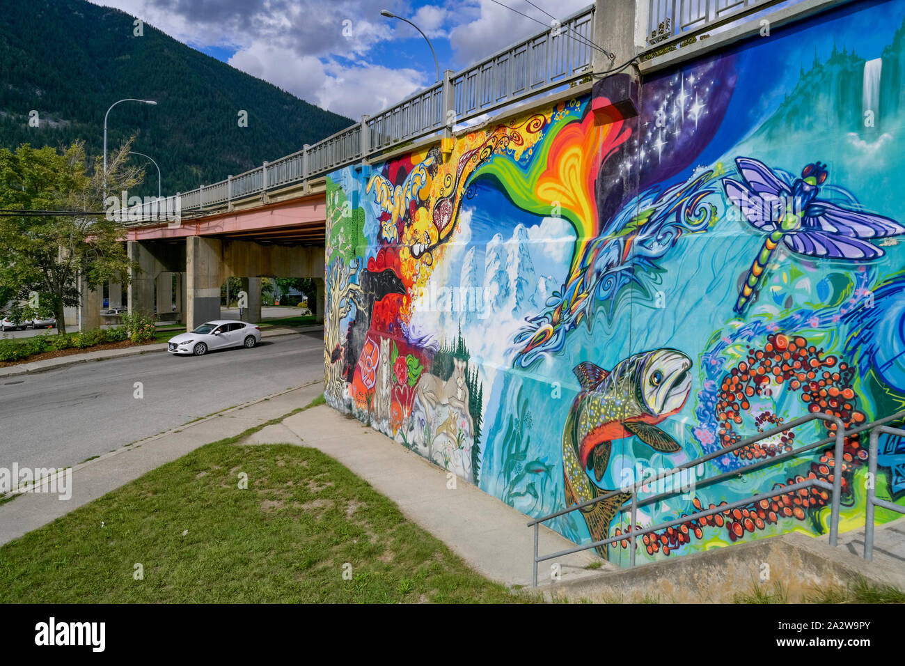 Salmon mural on Big Orange Bridge approach,  Nelson, British Columbia, Canada Stock Photo