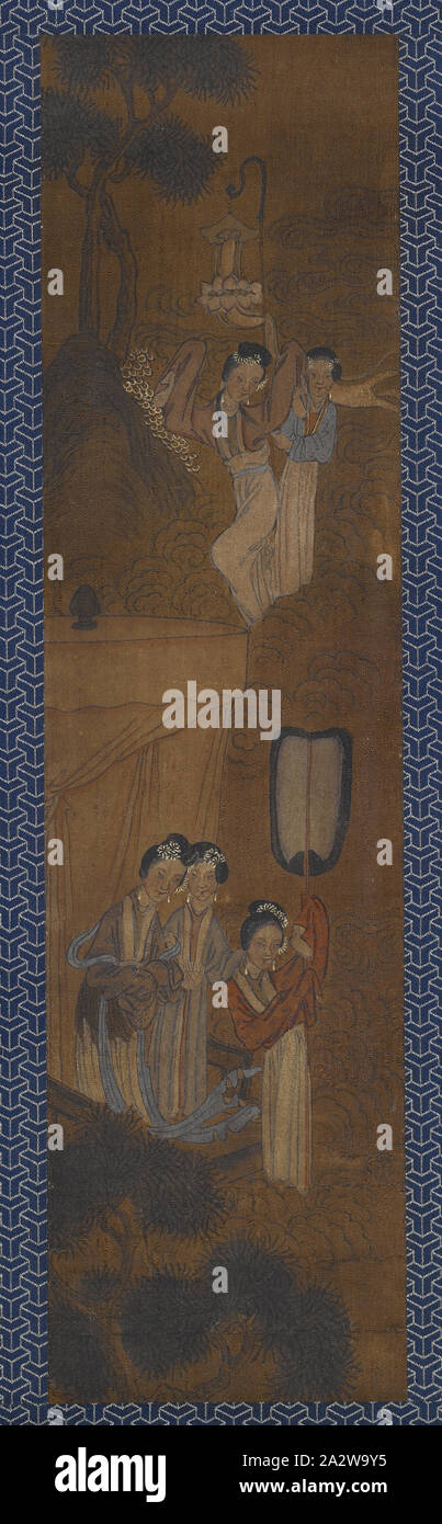 Five Women in a Procession, Unknown, ink and color on silk, 19-1/16 x 5 in. (image) 45 x 9 in. (installedl), Asian Art Stock Photo