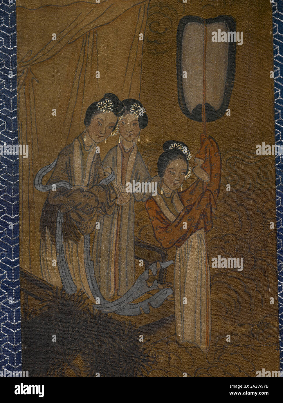 Five Women in a Procession, Unknown, ink and color on silk, 19-1/16 x 5 in. (image) 45 x 9 in. (installedl), Asian Art Stock Photo