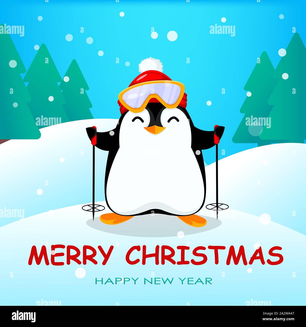 Cute little penguin in winter forest. Funny Christmas penguin cartoon  character. Vector illustration Stock Vector Image & Art - Alamy