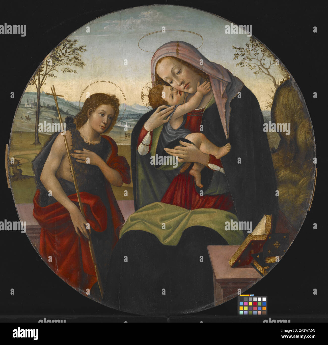 Madonna and Child with St. John the Baptist, Circle of Sandro Botticelli (Italian, 1444-1510), about 1490, oil on wood, 33 (diam.) in., European Painting and Sculpture Before 1800 Stock Photo