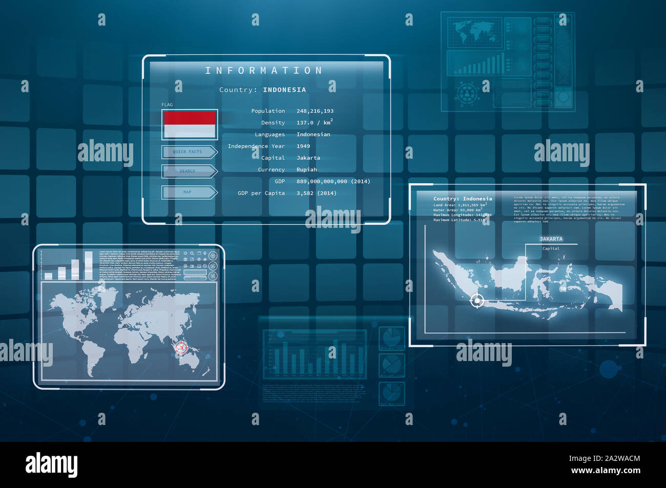 Hologram Screen Displaying Facts about Indonesia. Holographic Displays showing information and researching about Indonesia. Stock Photo