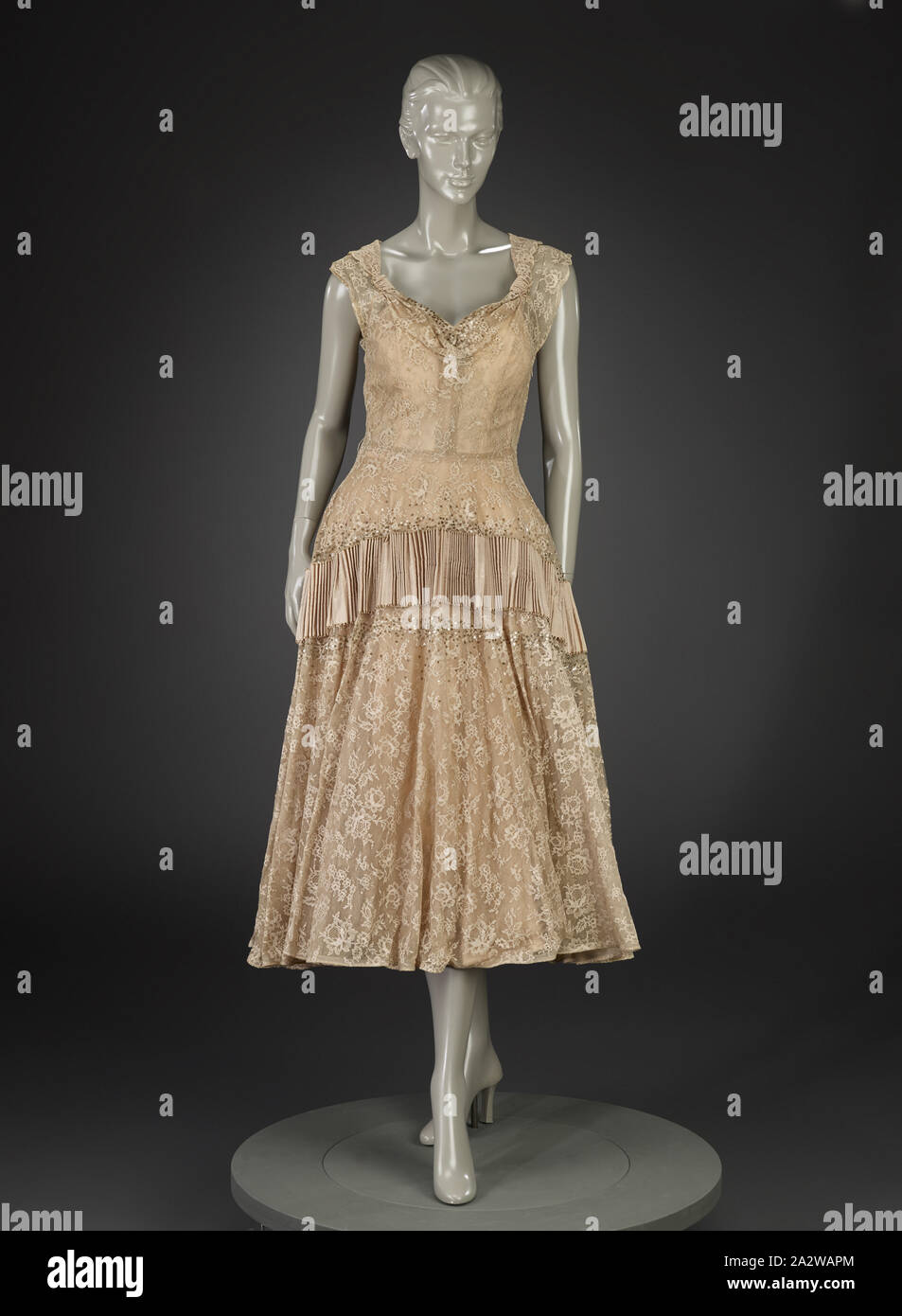 dress, Unknown, late 1940s, taffeta, netting, lace, sequins, A) dress:  center back 50 in., center front 41 in., bust 29 in., waist 26 in., hips 34  in., shoulders 18 in. B) slip: