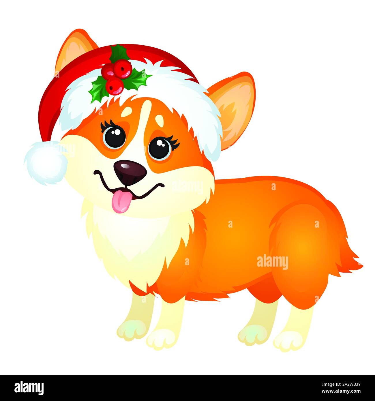 Cute little yellow dog with cap of Santa Claus teasing tongue isolated on white background. Sketch of Christmas festive poster, party invitation Stock Vector