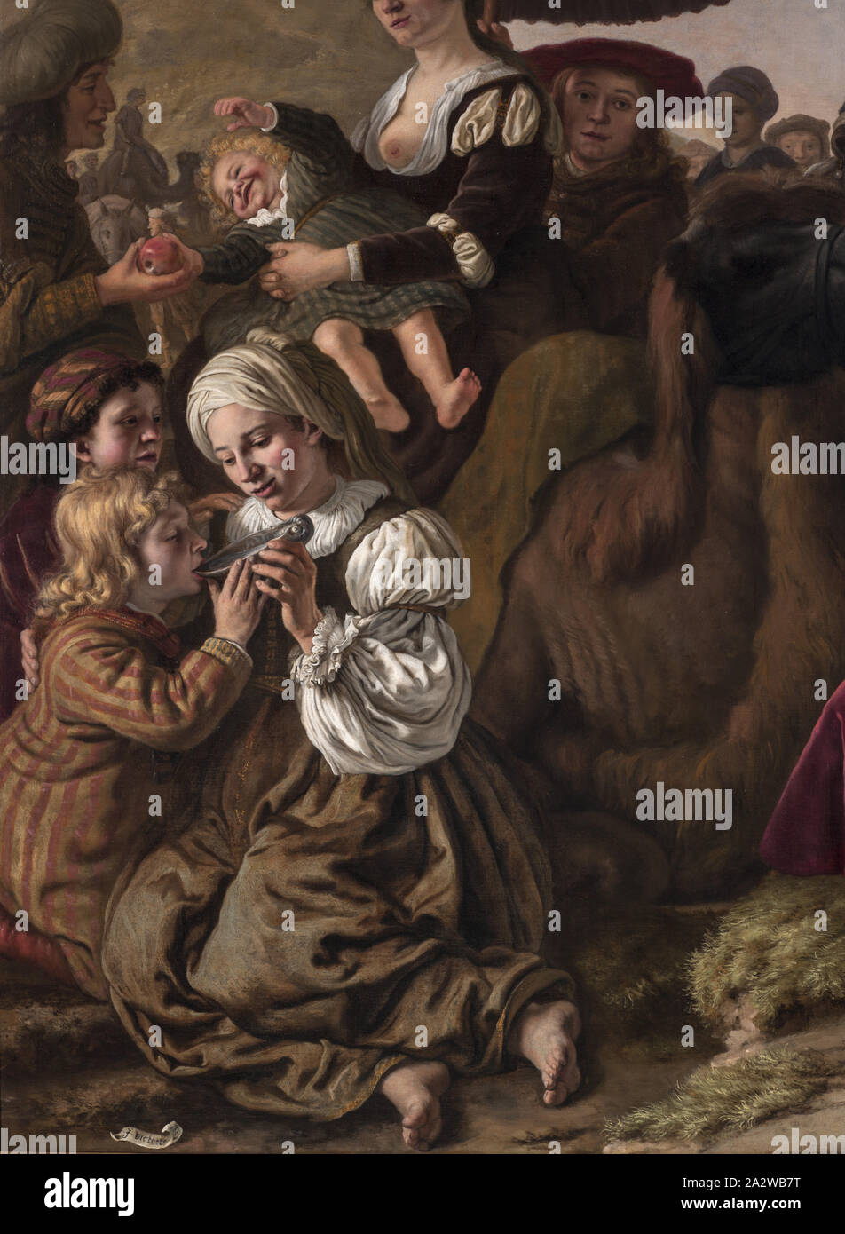 Jacob Seeking the Forgiveness of Esau, Jan Victors (Dutch, 1619-1676), 1652, oil on canvas, 70-1/4 x 81-1/2 in. (canvas) approximately 82 x 92 x 5 in. (framed), Signed and dated, inscription incorporated into imagery as black text on white paper at lower left: J. Victors, 1652, European Painting and Sculpture Before 1800 Stock Photo