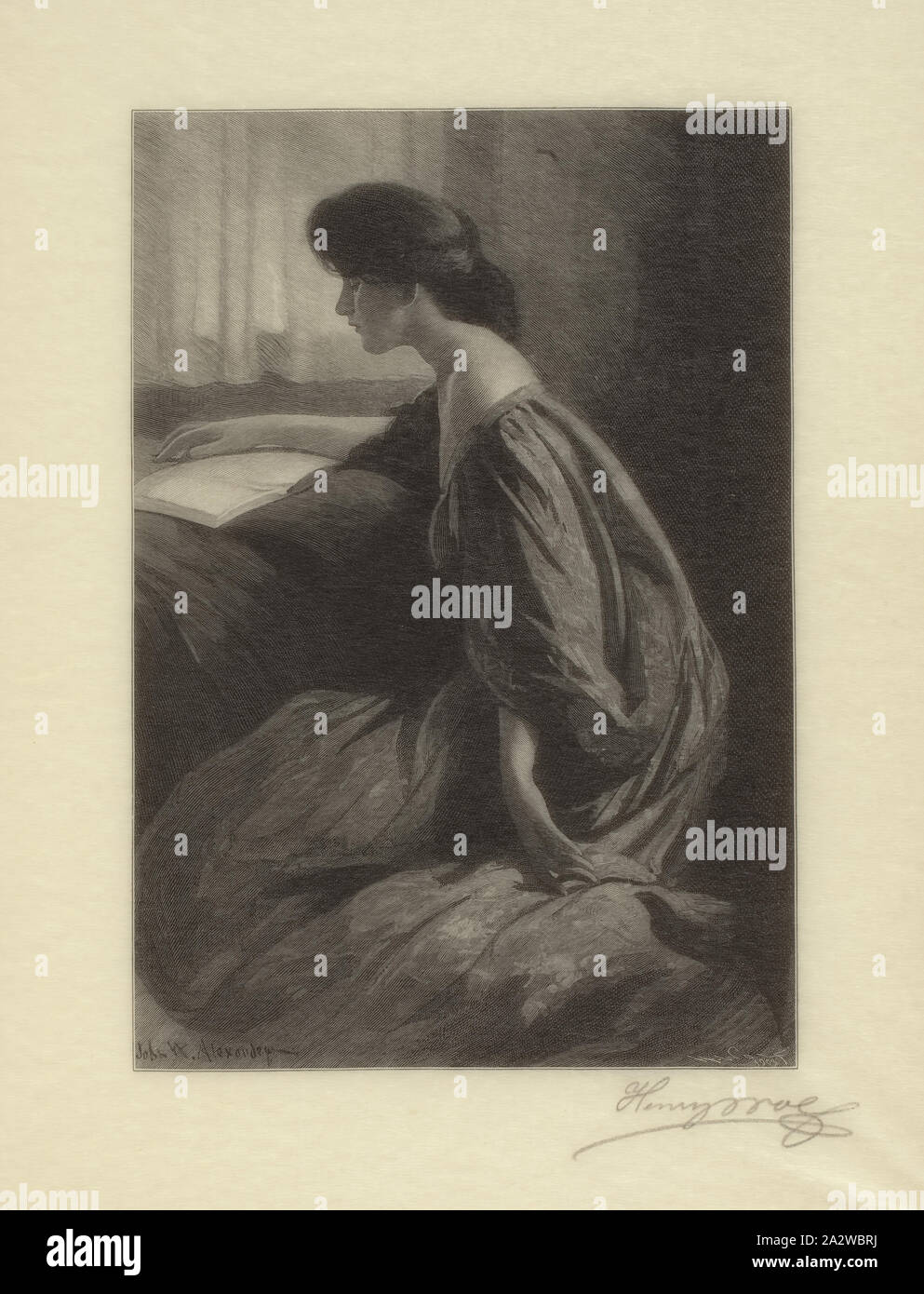 A Quiet Hour, Henry Wolf (American, 1852-1916), After John White Alexander (American, 1856-1915), 1903, ink on paper, wood engraving, 7-1/8 x 5 in. (image) 11 x 8-1/4 in. (sheet), Signed in pencil, below image, lower right: Henry Wolf Stock Photo