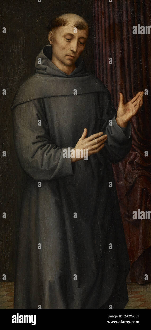 Franciscan Saint, Follower of Hans Memling (Netherlandish, 1423-1494), oil on canvas, 17-5/8 x 11-13/16 x 2-1/8 in. (framed), Label, wood painted gold, black painted text, recto, lower center: (decorative upper and lower horizontal borders) Hans Memling, 1430-1494 Label, paper with goldish ink border and brownish typeset, adhered to backing board, typed black ink, verso, upper left: NO. 15735 SIZE 12 x 6-5/8, St. Francis, TITLE, HANS MEMLING, ARTIST, 1430-1494 Label, paper with goldish ink border, adhered to backing board, brownish ink, verso, upper right: NEWHOUSE GALLERIES, INCORPORATED Stock Photo