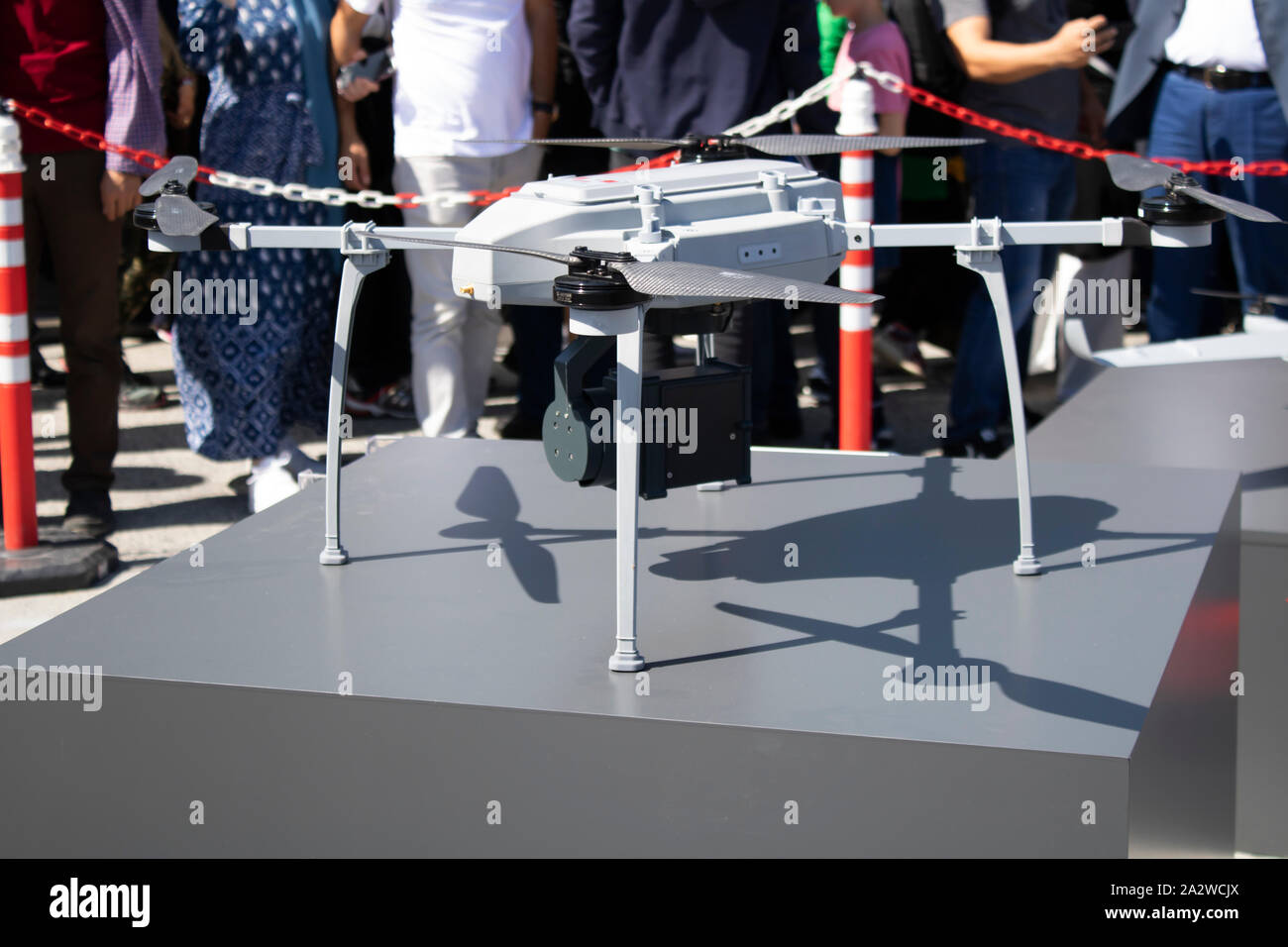 Istanbul, Turkey - September-22,2019: Military drone (eagle) close-up stands at the booth. Stock Photo