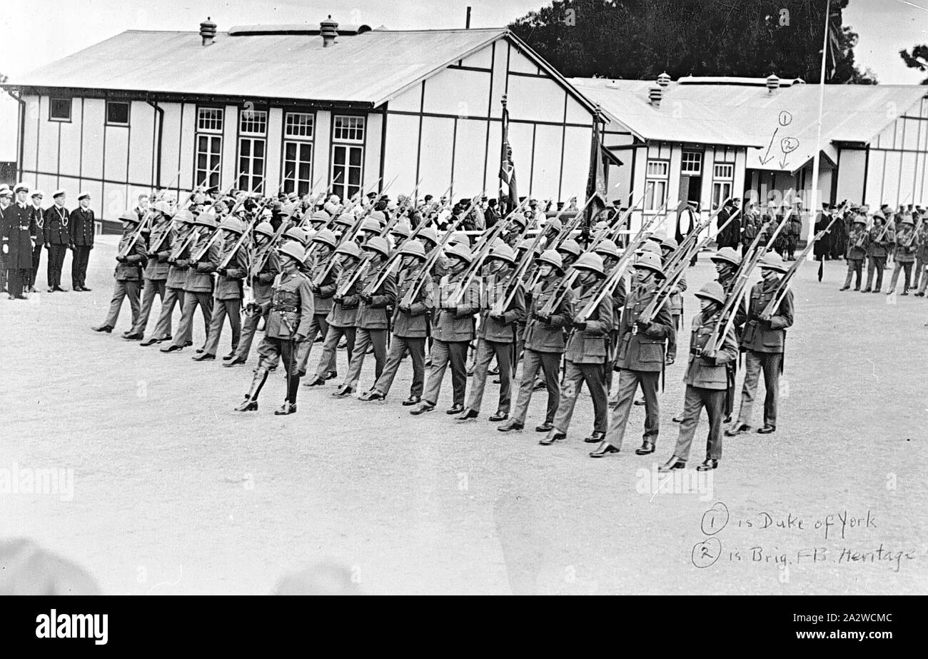 Negative - Duntroon, Australian Capital Territory, May 1927, The Duke of York taking the salute at a March past of cadets of the Royal Military College, Duntroon Stock Photo
