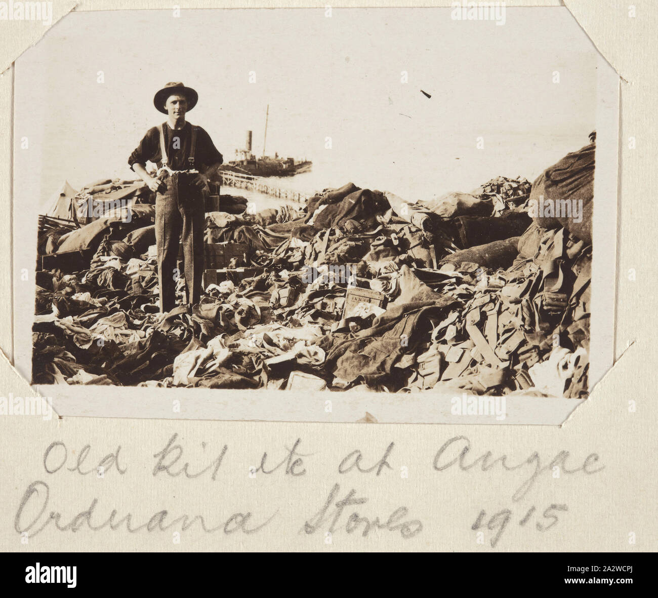 Photograph - 'Old Kit' at 'Anzac Ordnance Stores', Gallipoli, Private John Lord, World War I, 1915, Black and white photographic print depicting 'old kit' at an ordnance store in Gallipoli. This possibly is a reference to the belongings of those killed during the Gallipoli campaign. Attached to a small notebook used as a photograph album, containing 55 black and white photographs of ANZAC soldiers in Egypt, Mudros and Gallipoli during World War I Stock Photo