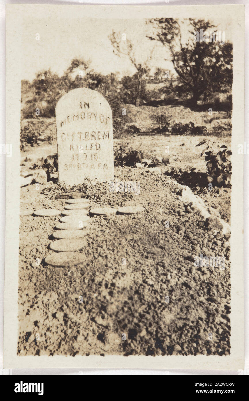Photograph - 'One of the Graves', Gunner Frederick Thomas Brem, Gallipoli, 1916, Black and white photographic print depicting the grave of a Gunner Frederick Thomas Brem of the 3rd Battery A.F.A. Brem was killed in action on the 17th of July 1915 at Gallipoli. The location of his body is today unknown. . The inscription on the back of the image states that the headstone was created and erected by the comrades of the fallen servicemen. Brem's Service Record Stock Photo